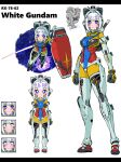  1girl absurdres aged_down animal_ears blue_eyes blush bodysuit breasts cat_ears character_name chibi closed_mouth energy_sword full_body gloves gundam gundam_gquuuuuux highres holding holding_shield holding_sword holding_weapon humanization kitasshi large_breasts looking_at_viewer mecha mecha_musume medium_breasts multiple_views personification purple_eyes robot science_fiction shield short_hair smile standing sword weapon white_background white_gundam white_hair 