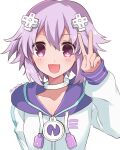  1girl :d arm_behind_back blush choker d-pad d-pad_hair_ornament hair_between_eyes hair_ornament hand_up happy haruna_(citrus_love_i) highres hood hooded_jacket jacket looking_at_viewer medium_hair neptune_(neptune_series) neptune_(series) open_mouth purple_eyes purple_hair smile solo usb v white_choker white_jacket zipper_pull_tab 