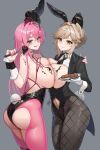  2girls absurdres ade_(agent_bunny)_(nikke) ade_(nikke) animal_ear_hairband animal_ears arm_on_another's_shoulder ass bare_shoulders between_breasts black_jacket black_leotard black_necktie black_wrist_cuffs blonde_hair blush braid breast_press breasts chocolate chocolate_on_body chocolate_on_breasts closed_mouth clothes_between_breasts clothing_cutout collared_shirt commentary crotchless crotchless_pantyhose detached_collar fake_animal_ears fishnet_pantyhose fishnets food_on_body gloves goddess_of_victory:_nikke green_eyes hair_between_eyes hair_bun hairband highres hiphighs holding holding_tray holding_whisk jacket large_breasts leotard long_hair looking_at_viewer mole mole_under_eye multiple_girls navel_cutout necktie necktie_between_breasts official_alternate_costume pantyhose parted_lips pink_hair pink_hiphighs pink_nails pink_pantyhose playboy_bunny rabbit_ear_hairband rabbit_ears sagle shirt simple_background smile symmetrical_docking thighs tongue tongue_out tray undersized_breast_cup velvet_(nikke) velvet_(sensual_rabbit)_(nikke) whisk white_shirt wrist_cuffs 