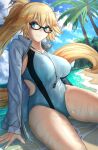  1girl beach black-framed_eyewear black_hairband blue_jacket braid breasts clothing_cutout commentary competition_swimsuit fate/grand_order fate_(series) glasses gloves hairband highleg highleg_swimsuit highres hood hooded_jacket ippers jacket jeanne_d&#039;arc_(fate)_(all) jeanne_d&#039;arc_(swimsuit_archer)_(fate) large_breasts long_hair navel_cutout one-piece_swimsuit open_clothes open_jacket palm_tree ponytail single_braid sitting solo swimsuit tree very_long_hair water wet whistle whistle_around_neck white_gloves white_jacket white_swimsuit 