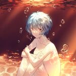  1girl air_bubble ayanami_rei blue_hair bubble closed_mouth collarbone commentary_request completely_nude crossed_arms expressionless hajikkoneko highres looking_at_viewer neon_genesis_evangelion nude red_background red_eyes short_hair sitting solo underwater 