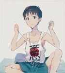  1boy aqua_shorts bare_arms black_hair blue_eyes collarbone commentary_request earbuds earphones grey_background hajikkoneko highres ikari_shinji male_focus neon_genesis_evangelion parted_lips short_hair shorts simple_background sitting solo tank_top very_short_hair white_tank_top 