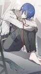  1boy 1c3ink3tk4n absurdres arms_on_knees artist_name bangs barefoot belt black_belt blue_eyes blue_hair blue_nails collared_shirt commentary crossed_ankles crossed_arms fence fingernails full_body green_neckwear grey_pants highres kaito_(vocaloid) male_focus nail_polish pale_skin pants parted_bangs pensive project_sekai red_ribbon ribbon scarf shirt short_hair sitting slouching solo suspenders vocaloid white_shirt 