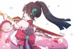  1girl :d back_bow bare_shoulders blunt_bangs blunt_ends blush bow cherry_blossom_print commentary_request detached_sleeves earrings floating_hair floral_print floral_print_kimono flower frilled_sleeves frills from_behind green_eyes hair_flower hair_ornament hand_up heaven_burns_red hime_cut holding holding_sword holding_weapon japanese_clothes jewelry kimono long_hair long_sleeves looking_ahead natsume_inori natsume_inori_(flower_shadow_dancing_stance) official_alternate_costume open_mouth pink_kimono ponytail print_kimono profile red_bow red_flower rumi_3024 sidelocks signature simple_background smile solo sword twitter_username weapon white_background wide_sleeves 