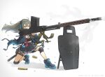  1girl aiming ammunition anti-materiel_rifle autocannon black_skirt bullet cannon coat commentary_request grey_hair gun headphones holding holding_weapon knee_pads lahti_l-39 mifune_(_mifune_707) on_one_knee original red_eyes rifle shield shoes simple_background skirt smoke sneakers sniper_rifle solo weapon white_background 
