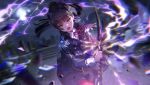  1girl black_jacket blunt_bangs blunt_ends blurry blurry_background buttons collared_shirt cowboy_shot depth_of_field double-breasted electricity electrokinesis epaulettes eyes_visible_through_hair fighting_stance floating_hair foreshortening green_eyes hand_up heaven_burns_red highres hime_cut holding holding_sword holding_weapon incoming_attack jacket long_hair long_sleeves looking_at_viewer lower_teeth_only natsume_inori neck_ribbon night official_art open_mouth outdoors pantyhose ponytail red_pantyhose red_ribbon ribbon rubble serious shirt sidelocks solo suit_jacket sword teeth third-party_source tsurime v-shaped_eyebrows weapon white_shirt 
