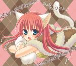  1girl :d animal_ears animal_hands argyle argyle_background bangs blue_eyes blush brown_background brown_cape brown_dress cape cat_day cat_ears cat_girl cat_tail commentary_request crossed_arms dress eyebrows_visible_through_hair fang fur-trimmed_cape fur_trim gloves hair_between_eyes high_wizard_(ragnarok_online) kemonomimi_mode long_hair looking_at_viewer lying nia_(littlestars) on_stomach open_mouth paw_gloves pink_background pink_hair ragnarok_online smile solo tail translation_request upper_body 
