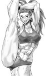  1girl abs bandaid bandaid_on_face breasts buruma captain_mizuki daraz18aka earrings greyscale highres jewelry large_breasts leg_up long_hair looking_at_viewer midriff monochrome muscular muscular_female navel one-punch_man open_mouth solo split sports_bra standing standing_on_one_leg standing_split sweat thighs white_background 