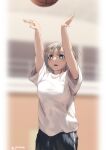  1girl arms_up ball basketball black_shorts blue_eyes breasts commentary_request grey_hair jonsun medium_breasts original riku_(jonsun) shirt short_hair short_sleeves shorts solo t-shirt twitter_username white_shirt 