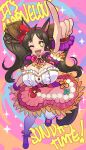  +_+ 1girl absurdres animal_ears arm_up black_hair blush breasts brown_eyes center_frills cleavage commentary dress english_commentary fang frills hair_ornament hairband highres horse_ears horse_girl horse_tail index_finger_raised large_breasts long_hair looking_at_viewer marvelous_sunday_(kira_doki_waku_mabe)_(umamusume) marvelous_sunday_(umamusume) missandydandy multicolored_dress one_eye_closed open_mouth red_hairband short_sleeves skin_fang smile solo tail twintails umamusume yellow_eyes 