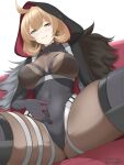  1girl absurdres ahoge arm_behind_back artist_name black_cloak black_gloves black_hood black_leotard blonde_hair bodystocking breasts chest_harness cloak commentary_request covered_navel elbow_gloves feet_out_of_frame fur-trimmed_cloak fur_trim girls'_frontline gloves green_eyes groin hand_on_own_stomach harness highres hood hood_up large_breasts leotard light_blush looking_at_viewer medium_hair mole mole_under_eye official_alternate_costume open_mouth parted_lips px4_storm_(girls'_frontline) px4_storm_(mod3)_(girls'_frontline) sitting smile solo spread_legs sumi_ojie thigh_harness thighs twitter_username two-sided_cloak two-sided_fabric white_background 