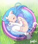  1girl animal_ears animal_feet animal_hands artist_name blue_hair breasts cat_ears cat_girl cat_paws cat_tail closed_eyes closed_mouth commentary_request darkstalkers day felicia_(darkstalkers) fetal_position from_above grass long_hair lying medium_breasts on_side outdoors partially_submerged revealing_clothes shisui sleeping smile solo sunlight tail tree_shade very_long_hair wading_pool water 