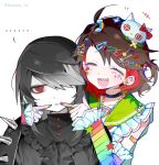  2girls :d ahoge ascot bandaid bandaid_on_arm bead_necklace beads black_ascot black_choker black_hair blush blush_stickers braces brown_hair cat_hair_ornament choker closed_eyes collar colored_inner_hair colored_tips commentary decora detached_sleeves earrings eyeshadow face-to-face fingers_to_cheeks frilled_collar frilled_cuffs frilled_shirt_collar frills genderswap genderswap_(mtf) gothic_lolita green_eyeshadow green_sailor_collar hair_ornament hair_over_eyes hairclip hands_on_another's_cheeks hands_on_another's_face highres jewelry lolita_fashion long_bangs long_hair makeup multicolored_hair multiple_girls multiple_hairclips nayaur0903 necklace ooe_(game) oosaki_(ooe) rainbow_print red_eyes ring sailor_collar sharp_teeth shiodome_(ooe) short_hair shoulder_spikes sidelocks smile spikes squeezing sticker swept_bangs teeth too_many_hair_ornaments twintails untranslatable_commentary upper_body 
