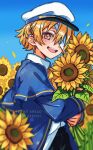  1boy bandage_over_one_eye bandages black_shorts blonde_hair blue_capelet blue_jacket capelet commentary english_commentary falling_petals flower hat highres holding holding_flower jacket kermit_bread looking_at_viewer male_focus neck_ribbon oliver_(vocaloid) open_mouth peaked_cap petals ribbon shirt short_hair shorts smile solo sunflower teeth upper_teeth_only vocaloid white_hat white_shirt yellow_eyes yellow_ribbon 