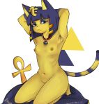 animal_crossing ankha_(animal_crossing) anthro areola armpit_fetish bell bell_collar black_eyes black_nose blue_body blue_eyeshadow blue_fur blue_hair breasts collar domestic_cat eyelashes eyeshadow felid feline felis female front_view fur genitals hair hands_behind_head kneeling looking_at_viewer makeup mammal markings navel nintendo nipples nude short_hair simple_background small_breasts solo striped_markings striped_tail stripes tail tail_markings thick_thighs uraeus vagagrill vulva white_background wide_hips yellow_areola yellow_body yellow_fur yellow_nipples