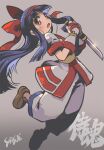  1girl ainu_clothes arm_guards artist_name black_hair blunt_bangs bow brown_eyes brown_shoes commentary_request copyright_name full_body grey_background hair_bow hairband hands_up holding holding_knife knife long_hair looking_at_viewer looking_to_the_side nakoruru open_mouth pants red_bow red_hairband samurai_spirits sash shisui shoes sidelocks solo white_pants yellow_sash 