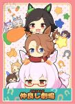  6+girls :d :i admire_vega_(umamusume) animal_ears banana bandaid bandaid_on_cheek bandaid_on_face biwa_hayahide_(umamusume) black_hair blue_eyes blue_hair blue_hairband blush_stickers brown_eyes brown_hair carrot chibi closed_eyes closed_mouth commentary_request daitaku_helios_(umamusume) fang food forehead fruit glasses gomashio_(goma_feet) green_shirt grey_hair hair_between_eyes hair_ornament hairband hairclip headband horse_ears horseshoe mejiro_palmer_(casual)_(umamusume) mejiro_palmer_(umamusume) multicolored_hair multiple_girls narita_taishin_(casual)_(umamusume) narita_taishin_(umamusume) narita_top_road_(umamusume) oguri_cap_(casual)_(umamusume) oguri_cap_(umamusume) on_head parted_bangs pink_background polka_dot polka_dot_background puffy_cheeks red-framed_eyewear red_eyes red_headband semi-rimless_eyewear shirt side_ponytail smile star_(symbol) star_hair_ornament streaked_hair swept_bangs tamamo_cross_(casual)_(umamusume) tamamo_cross_(umamusume) umamusume under-rim_eyewear v-shaped_eyebrows watermark white_hair white_shirt winning_ticket_(umamusume) |_| 