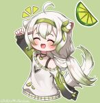  1girl absurdres ahoge animal_ears arm_up black_bra blush bra chibi choker closed_eyes clothing_cutout ferret_ears ferret_girl ferret_tail food fruit gradient_hair green_hair green_hairband green_ribbon hair_between_eyes hairband heart_cutout highres indie_virtual_youtuber jewelry koshmarrin lime_(fruit) lime_print lime_slice limealicious long_sleeves multicolored_hair necklace off-shoulder_sweater off_shoulder open_mouth ribbon smile solo sweat sweater twintails underwear vinesauce virtual_youtuber white_hair 
