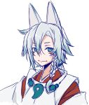  :| animal_ears aqua_eyes asagi501 braid character_request closed_mouth commentary_request copyright_name copyright_request double-parted_bangs fox_ears gender_request hair_between_eyes highres japanese_clothes kimono looking_at_viewer medium_hair messy_hair red_kimono robe shirt simple_background single_braid sketch solo split_mouth white_background white_robe white_shirt 