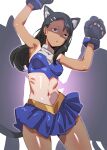  1girl animal_ears animal_hands armpits arms_up black_eyes black_hair blue_skirt bow_(bhp) breasts cat_ears cat_paws fake_animal_ears gloves hair_ornament hairclip hands_up ijiranaide_nagatoro-san long_hair medium_breasts midriff nagatoro_hayase navel one-piece_tan paw_gloves skirt solo tan tanlines 