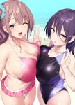  2girls ;d asaba_ibuki_(satou_kuuki) bare_legs bare_shoulders beach bikini bikini_skirt black_hair black_one-piece_swimsuit blue_eyes blush braid breast_press breasts brown_hair cleavage commentary_request competition_swimsuit cowboy_shot day from_above hair_between_eyes hair_ornament hair_scrunchie hairclip halterneck highleg highleg_swimsuit large_breasts long_hair looking_at_viewer microskirt mole mole_on_breast mole_on_neck multiple_girls navel ocean one-piece_swimsuit one_eye_closed one_side_up open_mouth original outdoors parted_lips pink_bikini satou_kuuki scrunchie selfie shiny_swimsuit shirosaki_koharu_(satou_kuuki) sidelocks skirt smile standing stomach swimsuit symmetrical_docking upturned_eyes v wet wet_clothes wet_swimsuit 