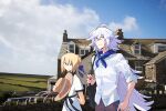  1boy 1girl absurdres ahoge arm_behind_back artoria_pendragon_(fate) bag bandana bandana_around_neck black_bag black_ribbon black_trim blonde_hair blue_bandana blue_ribbon blue_sky braid braided_base brown_pants building bun_with_braided_base car chinese_commentary closed_mouth cloud collared_shirt commentary_request day dress fate/grand_order fate_(series) green_eyes hair_between_eyes hair_bun hair_ribbon hat highres holding holding_strap holding_unworn_clothes holding_unworn_hat long_hair looking_at_viewer luciaicefish merlin_(fate) merlin_(under_the_same_sky)_(fate) motor_vehicle official_alternate_costume outdoors pants photo_background purple_eyes ribbon saber_(fate) shirt short_sleeves shoulder_bag single_hair_bun sky sleeves_rolled_up smile straw_hat sun_hat unworn_hat unworn_headwear waist_ribbon white_dress white_hair white_shirt 