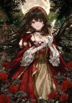  1girl absurdres bare_shoulders black_choker bow brown_hair choker collarbone dagger dress earrings fence floating_hair flower forest frilled_sleeves frills full_moon glint gloves hairband highres holding holding_dagger holding_knife holding_weapon jewelry knife lace_trim long_hair long_sleeves looking_at_viewer moon nature necklace night nnapeu off-shoulder_dress off_shoulder original outdoors parted_lips pendant_choker petals pink_eyes puffy_sleeves red_bow red_dress red_eyes red_flower red_hairband red_rose rose smile solo standing two-tone_dress very_long_hair weapon white_gloves wide_sleeves 