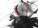  1girl absurdres ahoge antennae arknights black_jacket demon_girl demon_horns grey_hair highres horns jacket open_mouth red_eyes short_hair shuuyakikou simple_background snowing solo w_(arknights) white_background 