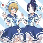  2girls alternate_costume animification apex_legends bangs black_hair blue_bow blue_eyes bow clenched_hand commentary_request embarrassed eyebrows_visible_through_hair grey_eyes hair_behind_ear hair_bun heart holding_hands multiple_girls nepitasu open_hand sailor_collar scar scar_on_cheek scar_on_face short_hair spoken_heart spoken_sweatdrop sweatdrop wattson_(apex_legends) wraith_(apex_legends) 