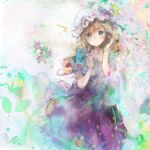  1girl blonde_hair blue_eyes blue_ribbon blue_shirt blush closed_mouth collared_shirt contrast_collar floral_print hand_in_own_hair hat hat_ribbon highres long_hair maribel_hearn mob_cap neo-traditionalism_of_japan puffy_short_sleeves puffy_sleeves purple_skirt ribbon shirt short_sleeves skirt smile solo standing touhou uwazumi white_hat 
