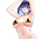  1girl armpits arms_up bikini blue_eyes blue_hair breasts breasts_apart gold_bikini hololive hololive_english large_breasts medium_hair navel open_mouth ouro_kronii simple_background solo swimsuit virtual_youtuber white_background yotamono 