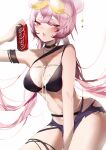  1girl absurdres arknights bangs bare_arms bare_shoulders bikini black_bikini black_choker blush breasts can choker coca-cola commentary_request cowboy_shot eyewear_on_head highres holding holding_can large_breasts lin_yuhsia_(arknights) long_hair looking_at_viewer navel official_alternate_costume open_mouth pink_eyes pink_hair simple_background solo stomach sunglasses swimsuit thighs very_long_hair white_background xiongshouji 