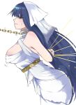  1girl absurdres ancient_greek_clothes arms_behind_back bare_shoulders bdsm belt blue_eyes blue_hair bondage bound bound_arms breasts chain chain_around_neck dress english_commentary gold_belt gold_chain greco-roman_clothes grimace highres hololive hololive_english large_breasts long_hair looking_at_viewer official_alternate_hairstyle ouro_kronii ouro_kronii_(goddess) restrained sweatdrop tahela veil virtual_youtuber white_background white_dress white_veil 