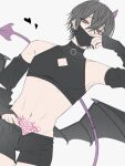  1boy adjusting_mask bare_shoulders black_choker black_mask black_nails black_shirt black_shorts black_wings choker cleavage_cutout clothing_cutout commentary crop_top crossed_bangs demon_boy demon_horns demon_tail demon_wings detached_sleeves ear_piercing earrings eyeshadow grey_background grey_hair hair_between_eyes hand_under_clothes hand_under_shorts heart highres horns jewelry kad_0x0 low_wings lying makeup male_focus mask mouth_mask navel_piercing on_back open_clothes open_fly open_shorts original piercing pubic_tattoo raised_eyebrows red_eyes red_eyeshadow shirt short_hair shorts simple_background solo stomach stud_earrings tail tattoo untranslatable_commentary wings 