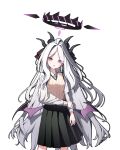  1girl :o absurdres alternate_costume arm_at_side black_halo black_horns black_ribbon black_skirt blue_archive cable_knit collared_shirt cowboy_shot fluffy_hair forehead grey_hair hair_ribbon halo hand_on_own_arm highres hina_(blue_archive) horns long_hair long_sleeves looking_at_viewer low_wings mini_wings multicolored_halo parted_bangs parted_lips pink_eyes pleated_skirt purple_halo purple_wings ribbon shirt simple_background skirt sleeve_cuffs solo standing sweater_vest thfktlfh456 two-tone_halo very_long_hair white_background white_shirt wings yellow_sweater_vest 