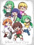  1boy 5girls :d ;) ;d baseball_bat beret black_hairband black_skirt blonde_hair blue_eyes blue_hair blue_pants blush_stickers boots bow bowtie brown_boots brown_hair chibi chibi_only dress eetere721 furude_rika green_dress green_eyes green_shorts gun hair_ribbon hairband hat highres higurashi_no_naku_koro_ni holding holding_baseball_bat holding_gun holding_stun_gun holding_weapon houjou_satoko long_hair looking_at_viewer maebara_keiichi multiple_girls nata_(tool) one_eye_closed open_mouth orange_hair pants pink_shirt ponytail purple_bow purple_bowtie red_shoes red_vest ribbed_sweater ribbon ryuuguu_rena shirt shoes short_hair short_sleeves shorts siblings sisters skirt sleeveless sleeveless_dress sleeveless_sweater smile sonozaki_mion sonozaki_shion stun_gun sweater turtleneck turtleneck_sweater twins vest weapon white_dress white_hat white_sweater yellow_ribbon yellow_shirt 