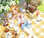  1girl :d apple blonde_hair blue_shorts blush bottle bow breasts cake cake_slice camisole cellphone commentary croissant cup cutting_board day disposable_cup feet_out_of_frame fingernails flower food food_request fruit genshin_impact grass hair_between_eyes hair_ornament hairclip hand_on_own_stomach highres jewelry looking_at_viewer lumine_(genshin_impact) lying medium_breasts midriff navel necklace on_back outdoors phone picnic_basket picnic_blanket pine_(angel4195202) pink_bow short_hair_with_long_locks shorts smile solo strap_slip teeth upper_teeth_only white_camisole white_flower white_rabbit_(animal) wine_bottle yellow_eyes 