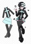  1girl black_hair black_shoes black_thighhighs blush_stickers commentary cross cross_print death_the_kid full_body genderswap genderswap_(mtf) hair_between_eyes hand_on_own_hip head_tilt heart highres leg_up light_frown long_hair long_sleeves medium_hair miniskirt multicolored_hair polka_dot polka_dot_background polka_dot_skirt shirt shoes sidelocks simple_background single_blush_sticker skirt skull solo soul_eater standing standing_on_one_leg star_(symbol) striped_hair thighhighs turtleneck turtleneck_shirt two-tone_hair untranslatable_commentary v wacaca126 white_background white_shirt white_skirt yellow_eyes zettai_ryouiki 