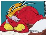 anonymous_artist anthro big_breasts big_butt breasts butt curvy_figure dragon female grey_hair hair hi_res horn killa killa_dragon lying mythological_creature mythological_scalie mythology on_front red_body red_scales scales scalie simple_background sleeping solo thick_thighs voluptuous voluptuous_female yellow_body yellow_scales