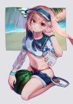  1boy a-uto animal_ears ansel_(arknights) ansel_(casual_vacation)_(arknights) arknights bangs bare_legs barefoot beach blue_headwear blue_neckwear blue_shorts closed_mouth clothes_pull collarbone commentary crop_top food fruit full_body grey_background groin looking_at_viewer male_focus midriff navel neckerchief ocean official_alternate_costume otoko_no_ko panties pink_hair rabbit_ears red_eyes red_panties see-through_sleeves seiza short_hair shorts shorts_pull sitting solo underwear visor_cap watch watermelon whistle whistle_around_neck white_shorts wristband wristwatch 