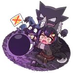  1girl absurdres animal_ear_fluff animal_ears black_hair brown_sweater commentary_request crossover dripping_eye flashlight full_body gastly hair_ornament haunter highres hololive jadea5124 long_hair lucario multicolored_hair nervous_sweating official_alternate_costume ookami_mio ookami_mio_(10th_costume) open_mouth outdoors pantyhose pokemon pokemon_(creature) red_hair red_skirt red_streaks scared sitting skirt speech_bubble streaked_hair sweat sweater tail virtual_youtuber wariza wolf_ears wolf_girl wolf_tail yellow_eyes 