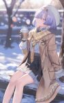  1girl blurry blurry_background brown_gloves brown_hairband brown_jacket brown_scarf brown_skirt closed_mouth commentary_request cup disposable_coffee_cup disposable_cup earrings gloves grey_hair hair_intakes hairband hat highres holding holding_cup jacket jewelry long_hair mornye_(plush_dream)_(wuthering_waves) mornye_(wuthering_waves) nyu_aro official_alternate_costume scarf shirt sitting skirt smile snowflake_earrings solo white_hat white_shirt wuthering_waves 