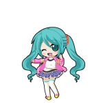  1girl :d ;d aqua_eyes aqua_hair black_outline blue_skirt blush bow cardigan chibi chibi_only footwear_bow full_body game_asset hair_ornament hatsune_miku hatsune_miku_graphy_collection headset hood hood_down hooded_cardigan looking_at_viewer mary_janes one_eye_closed open_mouth outline pink_cardigan polka_dot polka_dot_skirt shirt shoes skirt smile solo standing thighhighs transparent_background vocaloid white_shirt white_thighhighs yellow_shoes 