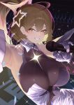  1girl absurdres ahoge anis_(nikke) anis_(star)_(starlight)_(nikke) arm_up armpits befe black_bodystocking blush breasts brown_hair commentary dress elbow_gloves facial_mark gloves glowstick goddess_of_victory:_nikke grin hair_between_eyes highres holding holding_microphone idol large_breasts long_hair microphone official_alternate_costume official_alternate_hairstyle penlight_(glowstick) ponytail purple_dress purple_gloves smile solo sparkle stage stage_lights star-shaped_pupils star_(symbol) star_facial_mark sweatdrop symbol-shaped_pupils upper_body very_long_hair 