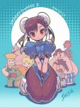  1girl 6+boys artist_name bald beard between_legs black_eyes black_hair blanka blonde_hair blue_dress boots bracelet breasts breasts_squeezed_together brown_eyes brown_hair bun_cover character_name chibi china_dress chinese_clothes chun-li closed_mouth colored_skin commentary_request copyright_name dark-skinned_male dark_skin dhalsim double_bun dougi dress e._honda facial_hair facial_mark green_skin green_tank_top guile hair_bun halftone halftone_background hand_between_own_legs head_tilt headband highres jewelry ken_masters kneeling martial_arts_belt medium_breasts multiple_boys open_mouth orange_hair pantyhose puffy_short_sleeves puffy_sleeves red_headband ryu_(street_fighter) shisui short_hair short_sleeves smile spiked_bracelet spiked_hair spikes street_fighter street_fighter_ii_(series) tank_top topless_male v_arms white_boots wide_hips zangief 