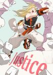  1boy bag black_shirt blonde_hair clenched_hand clenched_hands closed_eyes clothes_around_waist commentary_request english_text fanny_pack fingerless_gloves floating_hair gloves highres ivor_(pokemon) jacket jacket_around_waist kikudzuki_(muucha) long_hair male_focus open_mouth pants pokemon pokemon_legends:_z-a red_gloves sandals shirt sleeveless sleeveless_shirt solo teeth toes white_pants yellow_bag 