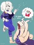 anthro big_breasts blue_background bodily_fluids boss_monster_(undertale) bottomwear bovid breasts caprine cigarette cleavage clothed clothing denim denim_bottomwear denim_clothing ear_piercing ear_ring eyes_closed female floppy_ears footwear fur hair half-closed_eyes hand_on_hip hand_on_own_hip hands_on_own_face hi_res horn huge_breasts jeans long_ears mammal mature_anthro mature_female narrowed_eyes pants piercing ring_piercing shoes simple_background smoking solo spincraze sweat toriel undertale_(series) white_body white_fur white_hair
