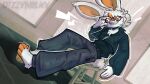 absurd_res ambiguous_gender anthro barefoot bottomwear broken_tooth chair clothed clothing dizzymilky eyewear feet furniture glasses hi_res jacket lagomorph leporid mammal on_chair pants rabbit short_tail sitting solo tail toothy_grin topwear