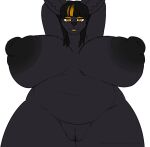 absurd_res anthro auriemoony big_breasts big_nipples black_body black_fur breasts canid canine dark_nipples darkened_genitalia female fennec_fox fox fur genitals hi_res highlights_(coloring) huge_breasts huge_nipples lipstick looking_at_viewer looking_down looking_down_at_viewer makeup mammal nipples smile smiling_at_viewer solo true_fox vulva yellow_eyes