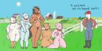anthro avian bird bovid bovine caprine cattle chicken clothing collar covering covering_self domestic_pig equid equine farm farmer feathers female fence galliform genitals grass group group_nudity hat headgear headwear hi_res horse human kneeling male male/female mammal meme phasianid plant presenting riisyn shaded sheep simple_face simple_shading slightly_chubby suid suine sus_(pig) toony vulva